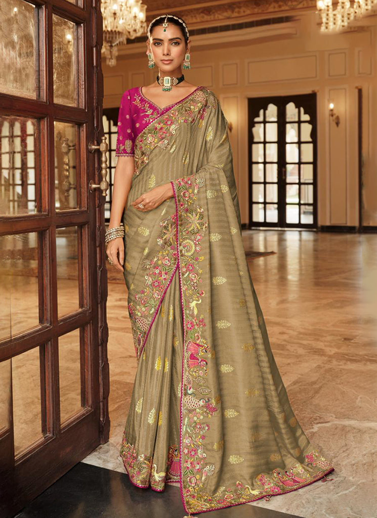 Olive Green and Pink Multi Embroidered Wedding Saree