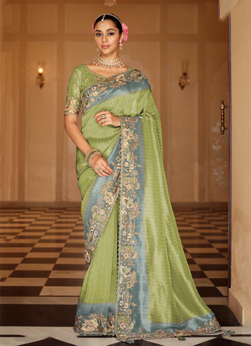 Green Multi Embroidered Wedding Saree