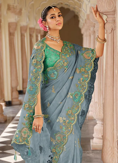 Blue and Green Multi Embroidered Wedding Saree