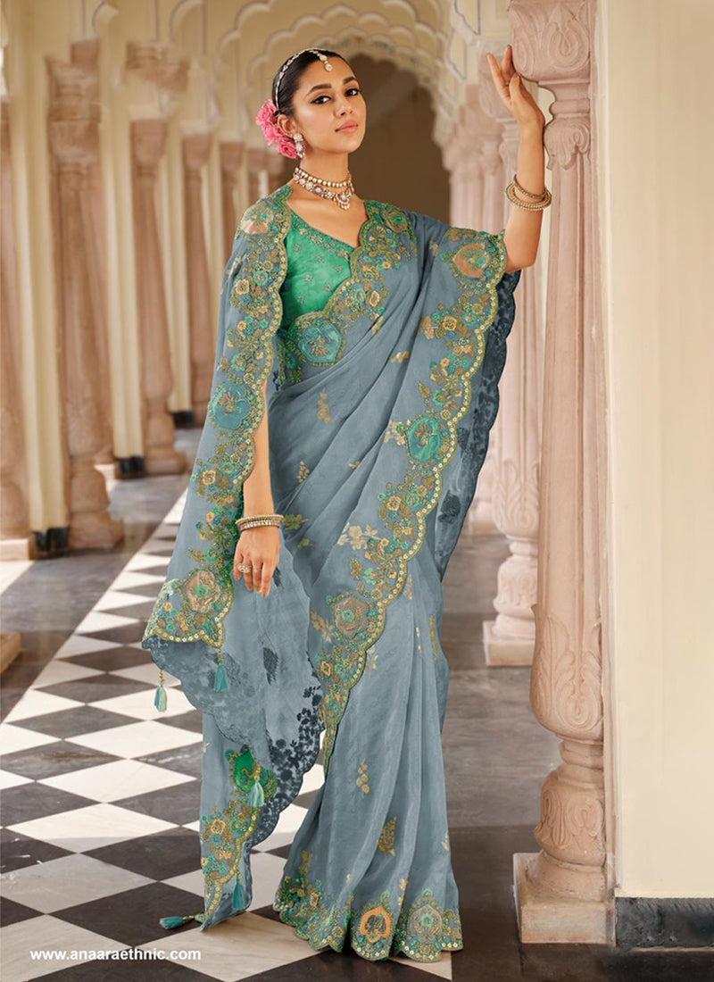 Blue and Green Multi Embroidered Wedding Saree