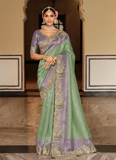 Green and Purple Multi Embroidered Wedding Saree