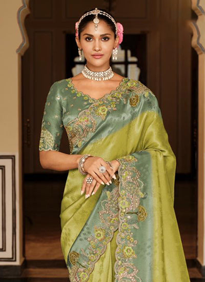 Sage Green Multi Embroidered Wedding Saree