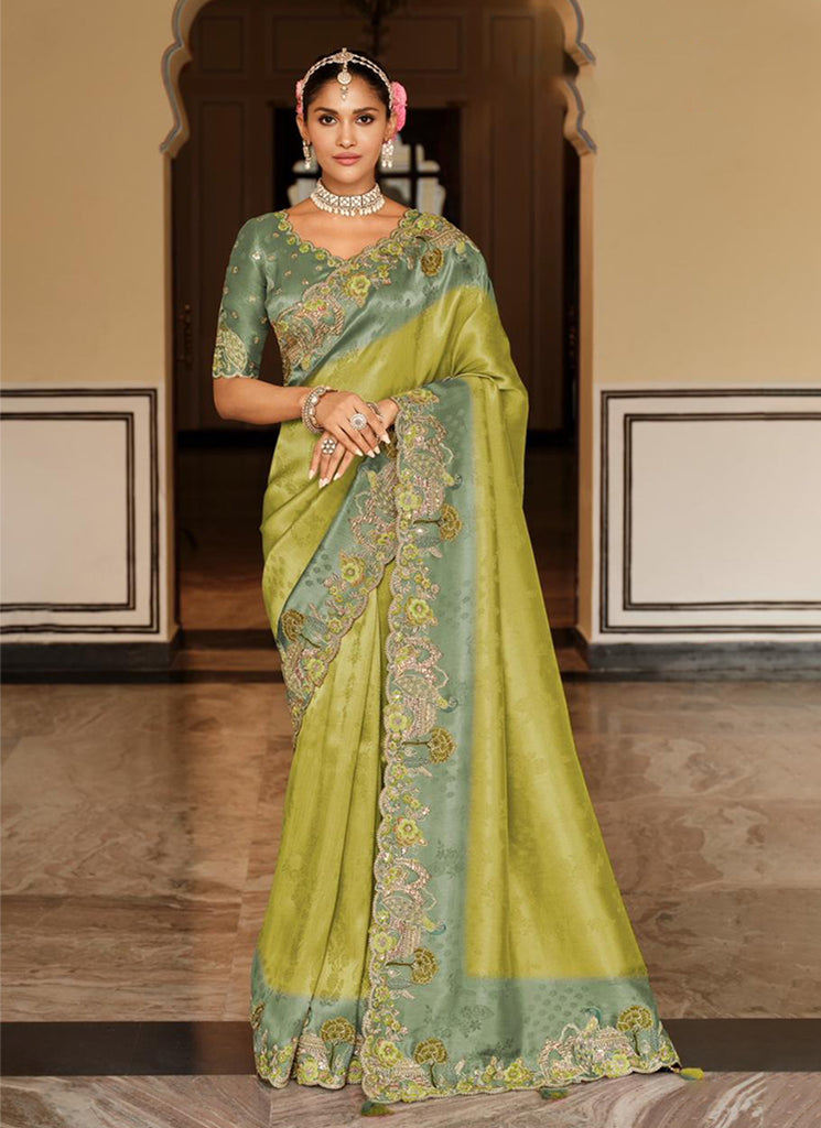 Sage Green Multi Embroidered Wedding Saree