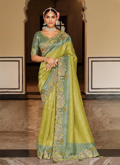 Sage Green Multi Embroidered Wedding Saree