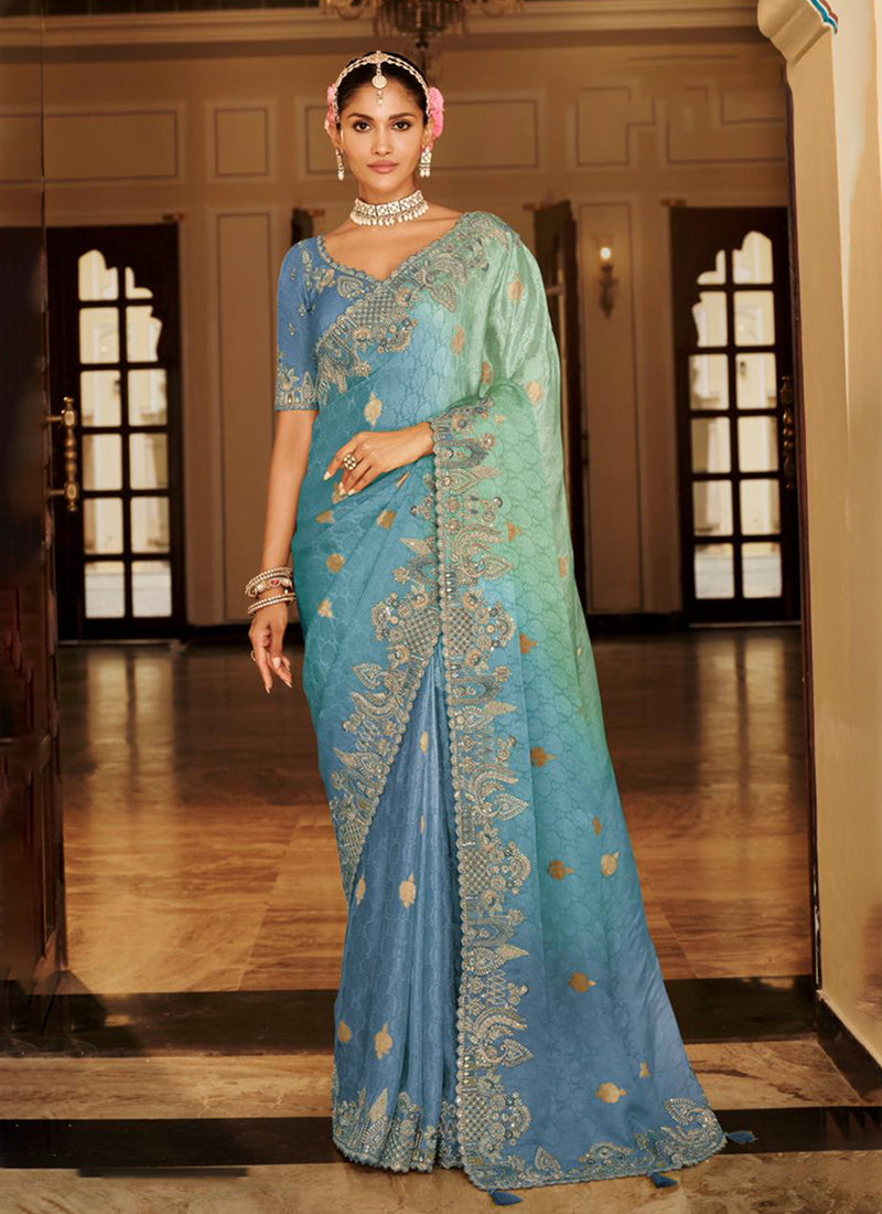 Aqua Blue Multi Embroidered Wedding Saree