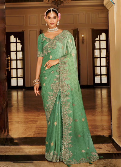 Sea Green Multi Embroidered Wedding Saree