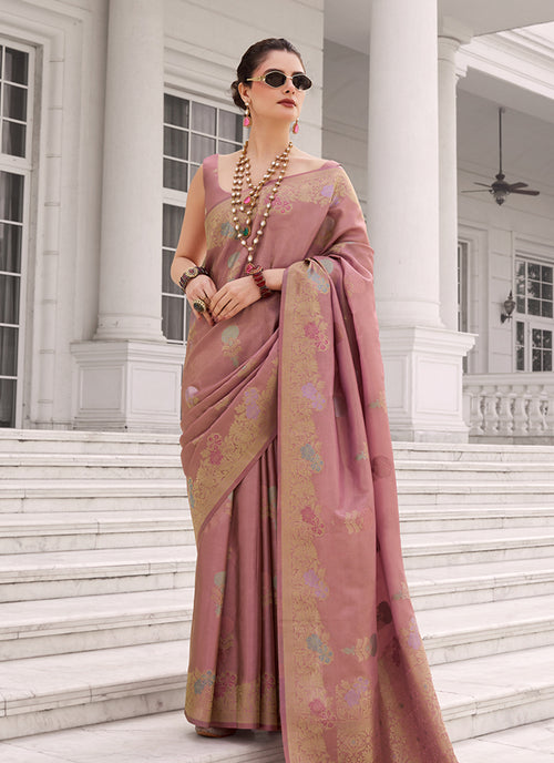Rose Pink Golden Handwoven Silk Saree