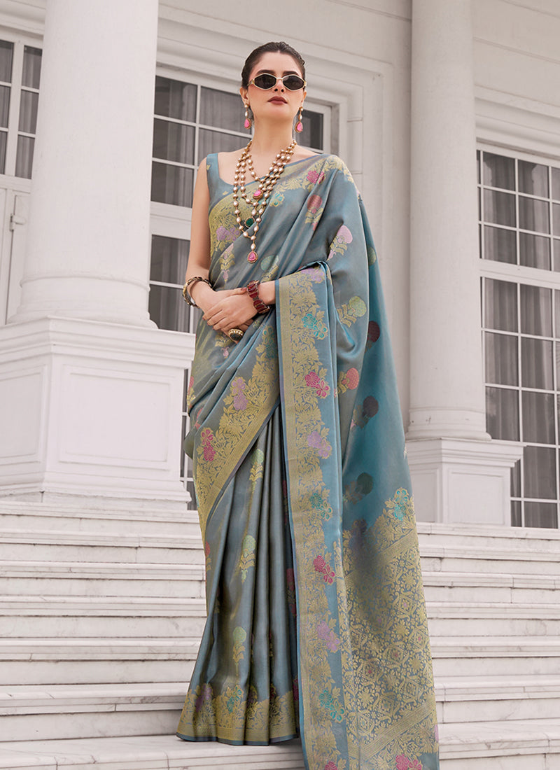 Blue Golden Handwoven Silk Saree