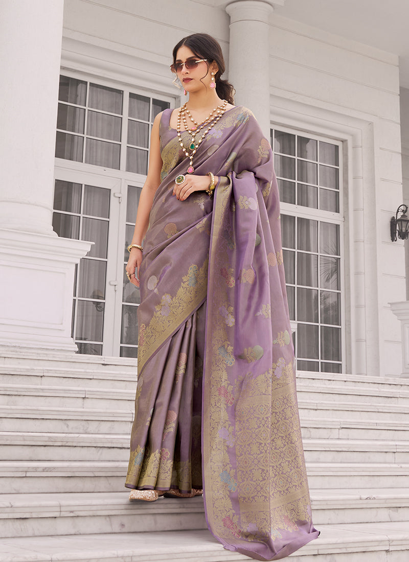 Lavender Golden Handwoven Silk Saree