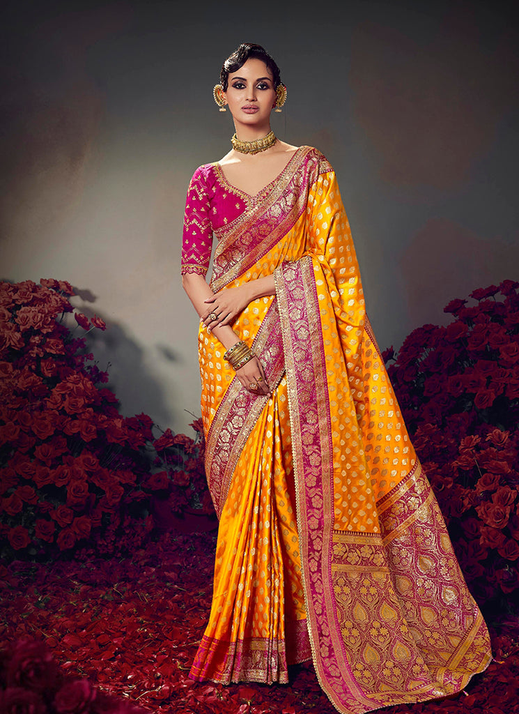 Yellow and Magenta Satin Silk Saree