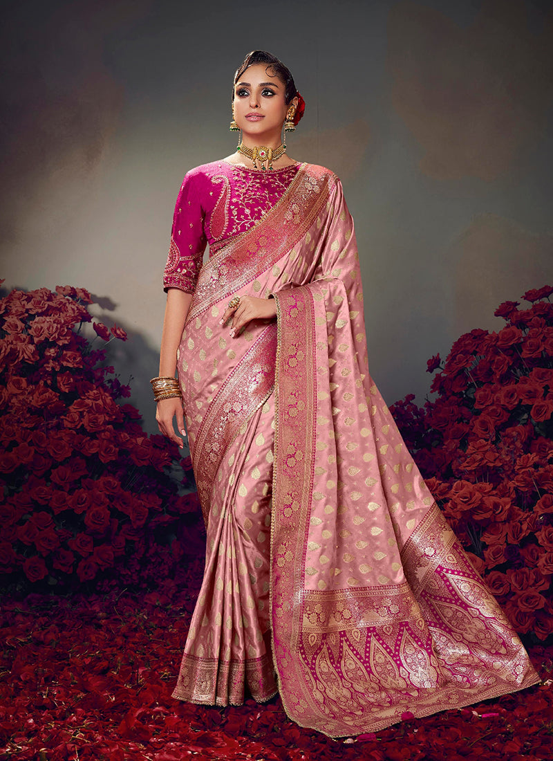 Rich Pink Satin Silk Saree
