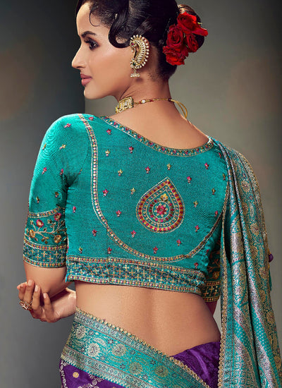 Purple and Teal Satin Silk Saree
