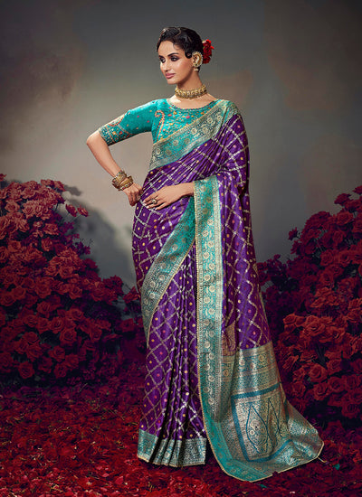 Purple and Teal Satin Silk Saree