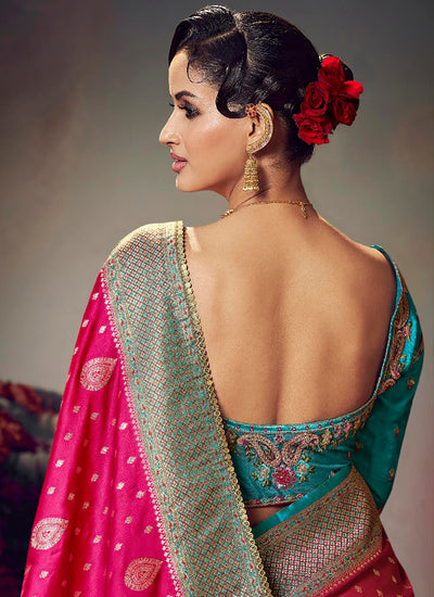 Magenta and Teal Satin Silk Saree