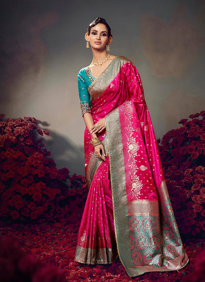 Magenta and Teal Satin Silk Saree