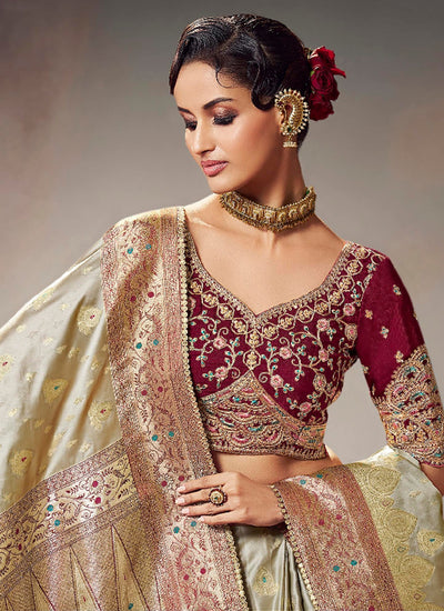 Beige Red Satin Silk Saree