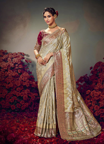 Beige Red Satin Silk Saree