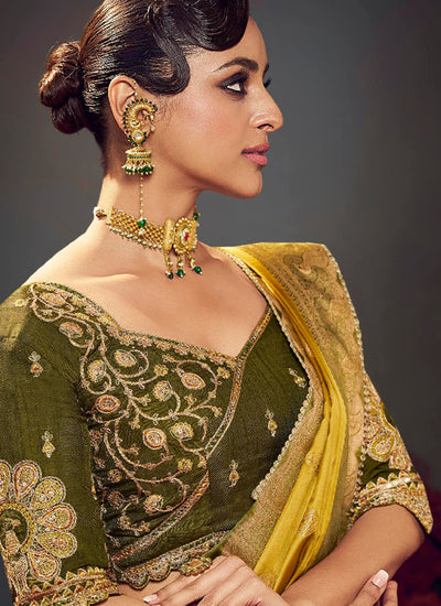 Yellow and Green Satin Silk Saree