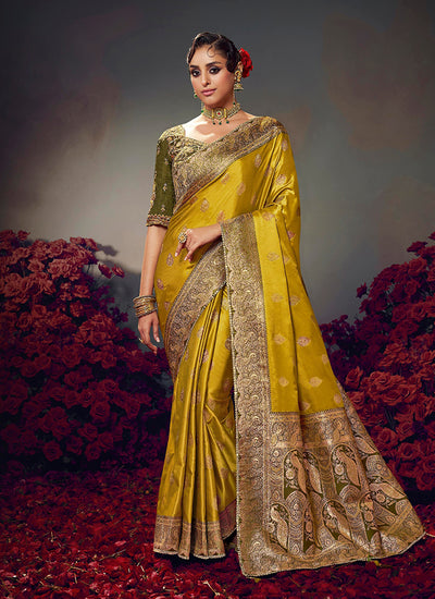 Yellow and Green Satin Silk Saree