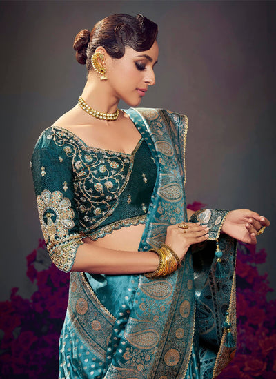 Firozi Blue Satin Silk Saree