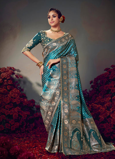 Firozi Blue Satin Silk Saree