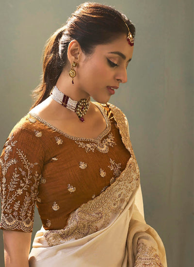 Ivory Cream Traditional Embroidered Silk Saree