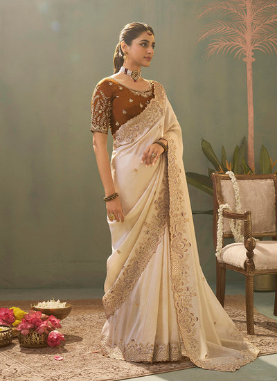 Ivory Cream Traditional Embroidered Silk Saree