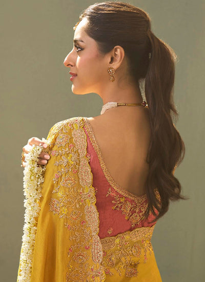 Yellow Traditional Embroidered Silk Saree