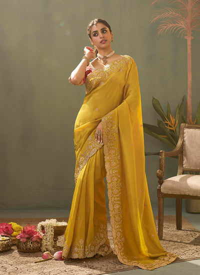 Yellow Traditional Embroidered Silk Saree
