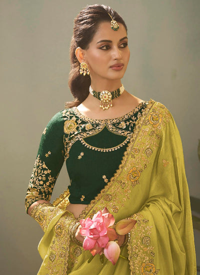 Olive Green Traditional Embroidered Silk Saree
