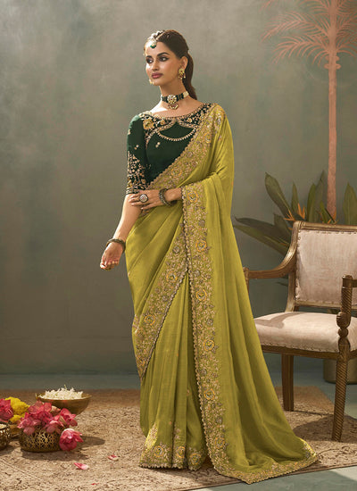 Olive Green Traditional Embroidered Silk Saree