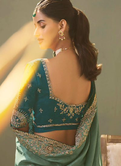 Aqua Teal Traditional Embroidered Silk Saree
