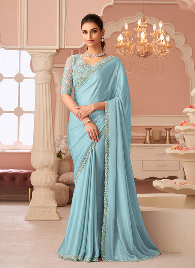Sky Blue Embroidery Party Wear Chiffon Saree