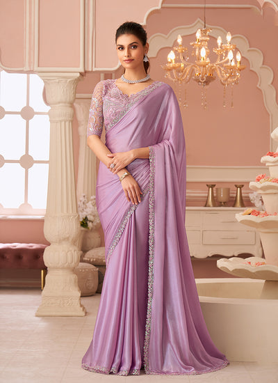 Mauve Purple Embroidery Party Wear Chiffon Saree