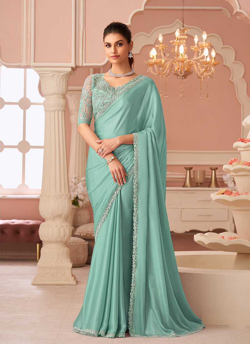 Firozi Blue Embroidery Party Wear Chiffon Saree