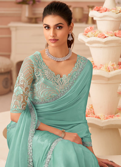 Firozi Blue Embroidery Party Wear Chiffon Saree