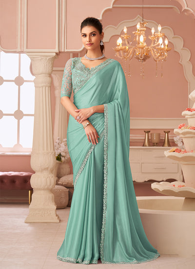 Firozi Blue Embroidery Party Wear Chiffon Saree