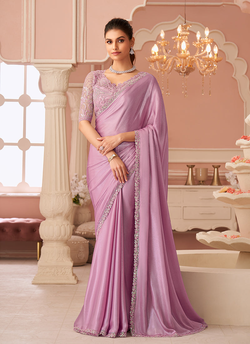 Pink Embroidery Party Wear Chiffon Saree