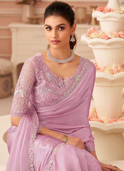 Pink Embroidery Party Wear Chiffon Saree