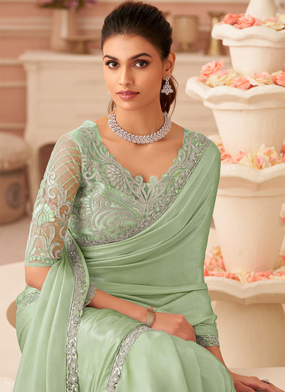 Mint Green Embroidery Party Wear Chiffon Saree