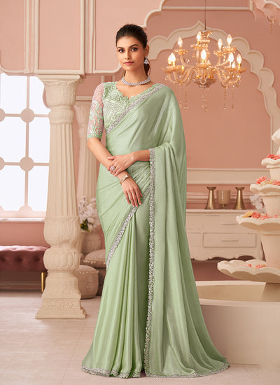 Mint Green Embroidery Party Wear Chiffon Saree