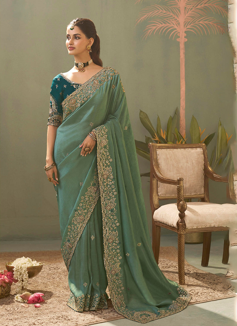 Aqua Teal Traditional Embroidered Silk Saree