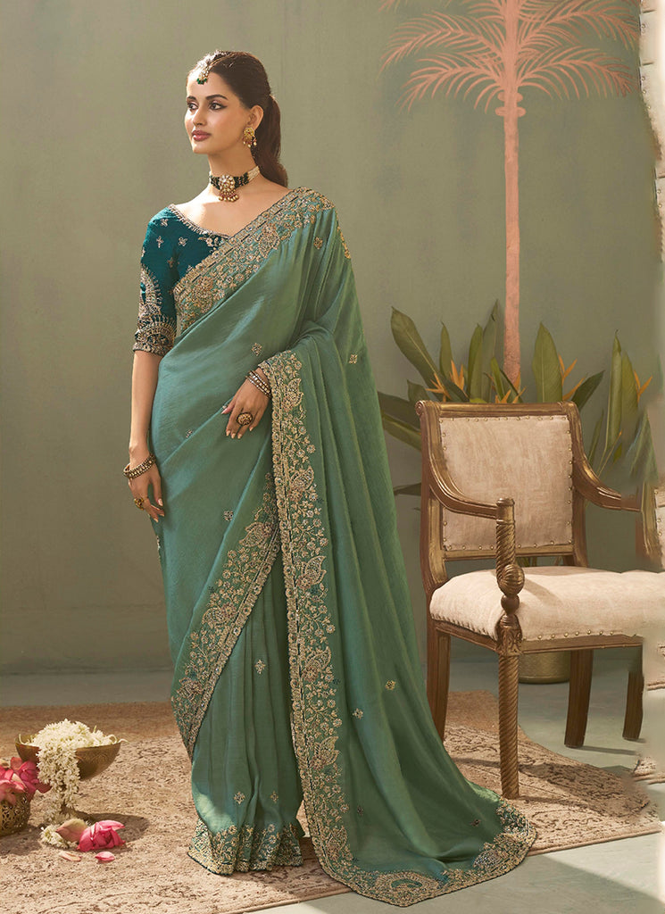 Aqua Teal Traditional Embroidered Silk Saree