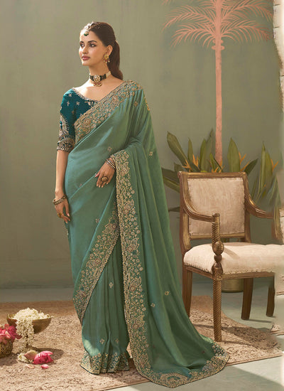Aqua Teal Traditional Embroidered Silk Saree