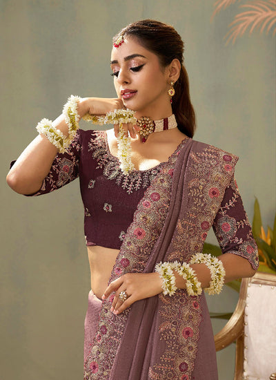 Mauve Purple Traditional Embroidered Silk Saree