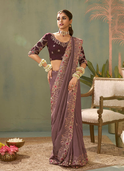 Mauve Purple Traditional Embroidered Silk Saree