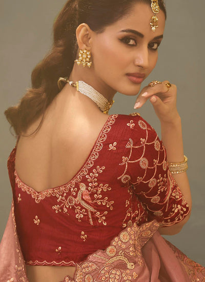 Rose Pink Traditional Embroidered Silk Saree