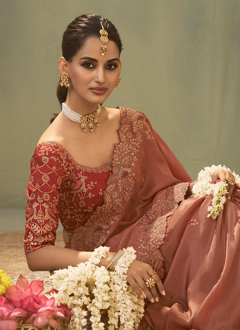 Rose Pink Traditional Embroidered Silk Saree