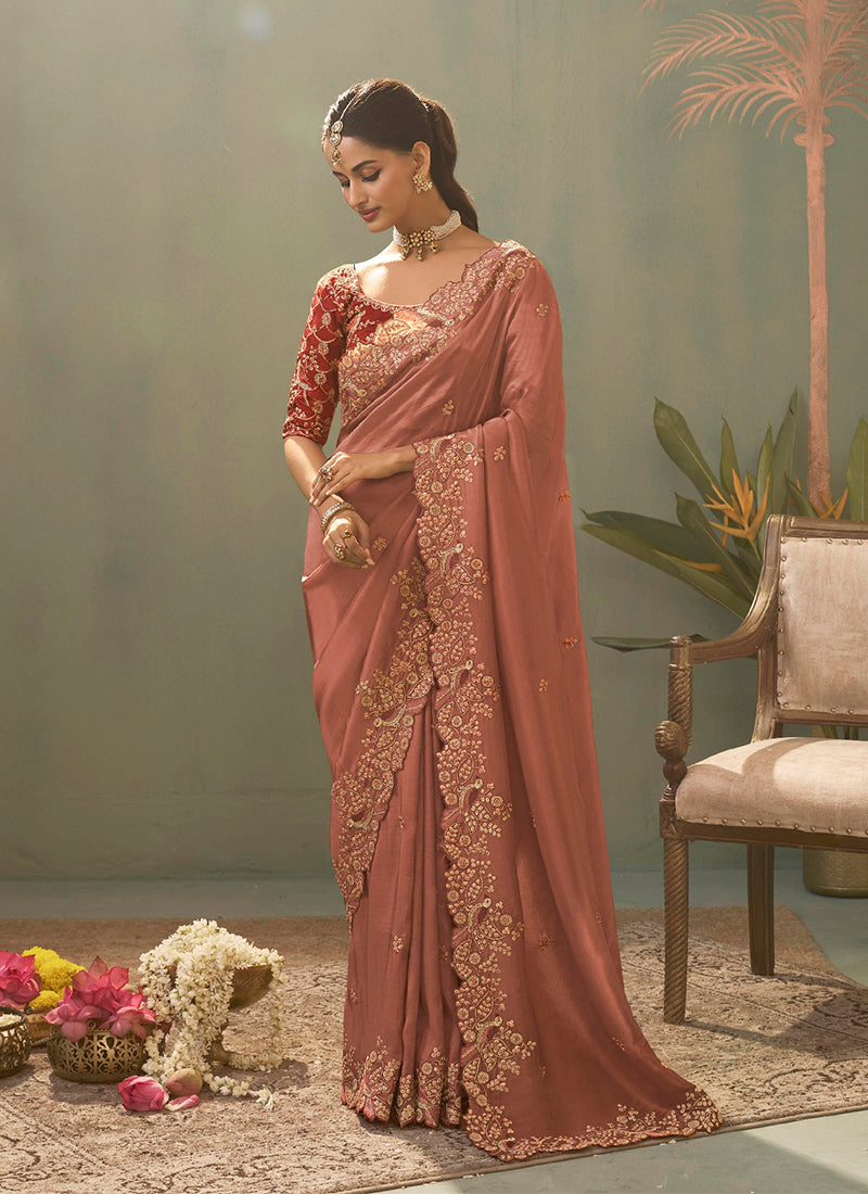 Rose Pink Traditional Embroidered Silk Saree