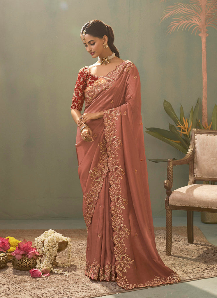 Rose Pink Traditional Embroidered Silk Saree